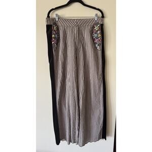 Aratta Silent Journey Wide Leg Linen Striped Pants Velvet Embroidered Flowers L